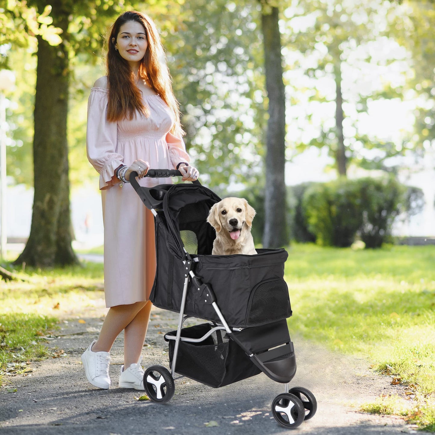 Epetlover 3 Wheels Dog Stroller, Pet Strolling Cart with Skylight Storage Basket Cup Holder Storage Tray, Animal Carrier for Medium Small Dogs and Cats, Easy Walk