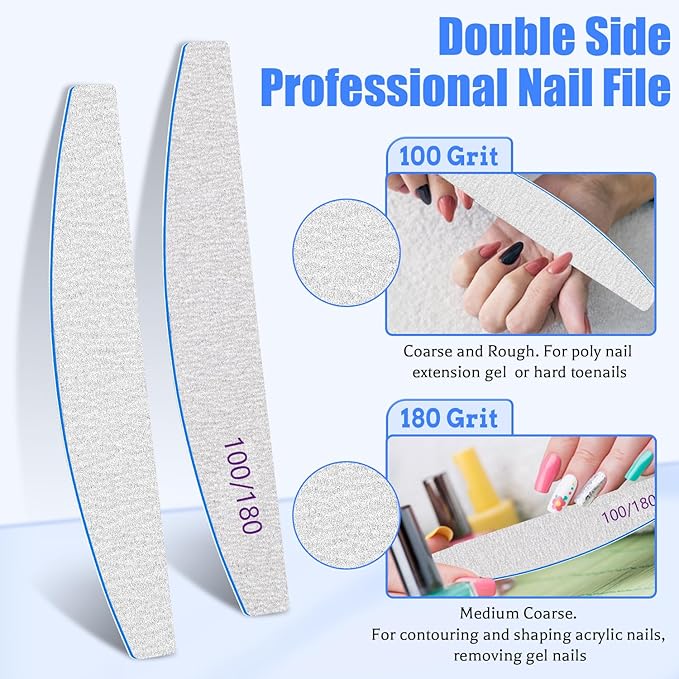 Poly Nail Extension Gel Files 100/180 Grit - 12 PCS Emery Boards for Acrylic Nails - Double-Sided Washable Coarse File Manicure Tools for Home and Salon Use