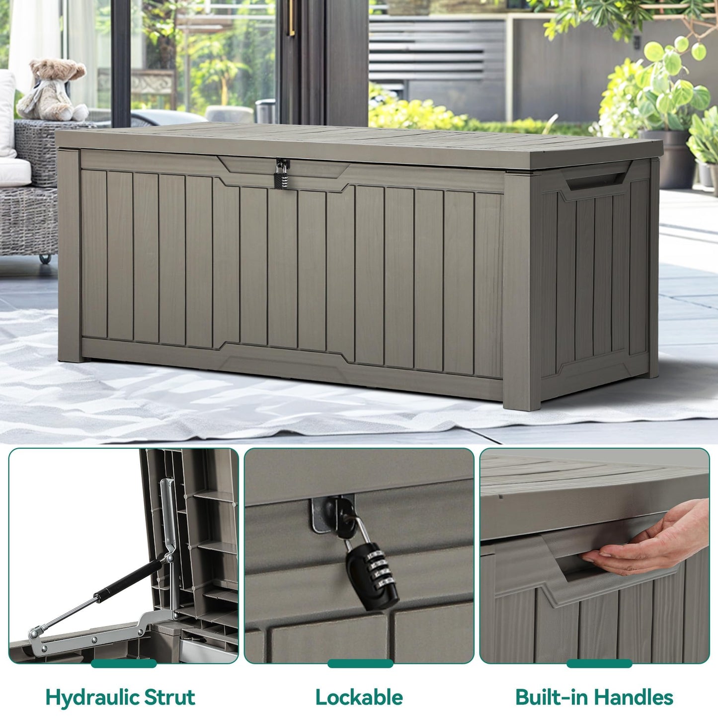 YITAHOME Outdoor Storage Box, 120 Gallon Waterproof Deck Box for Garden Tools, Patio Cushions, and Pool Accessories, Lockable, Easy Assembly, Versatile Bench or Table (Light Brown)