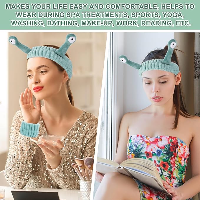 Spa Headband Face Wash Wristband Set Makeup Head Band Snail Coral Fleece Hair Band Skincare Hairband Elastic Creative Cartoon Head Wraps Cute Hair Accessories for Women Girls (Green)