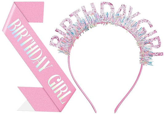 Birthday Headband with Sash for Women, Birthday Crwon Tiara for Decorations