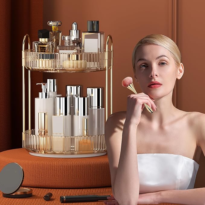 YCIA&DONE 360 Rotating Makeup Organizer and Storage for Vanity Countertop 2 Tiers, High Capacity Cosmetic Skincare Perfume Organizers for Dresser Bathroom Lazy Susan (Amber Gold)