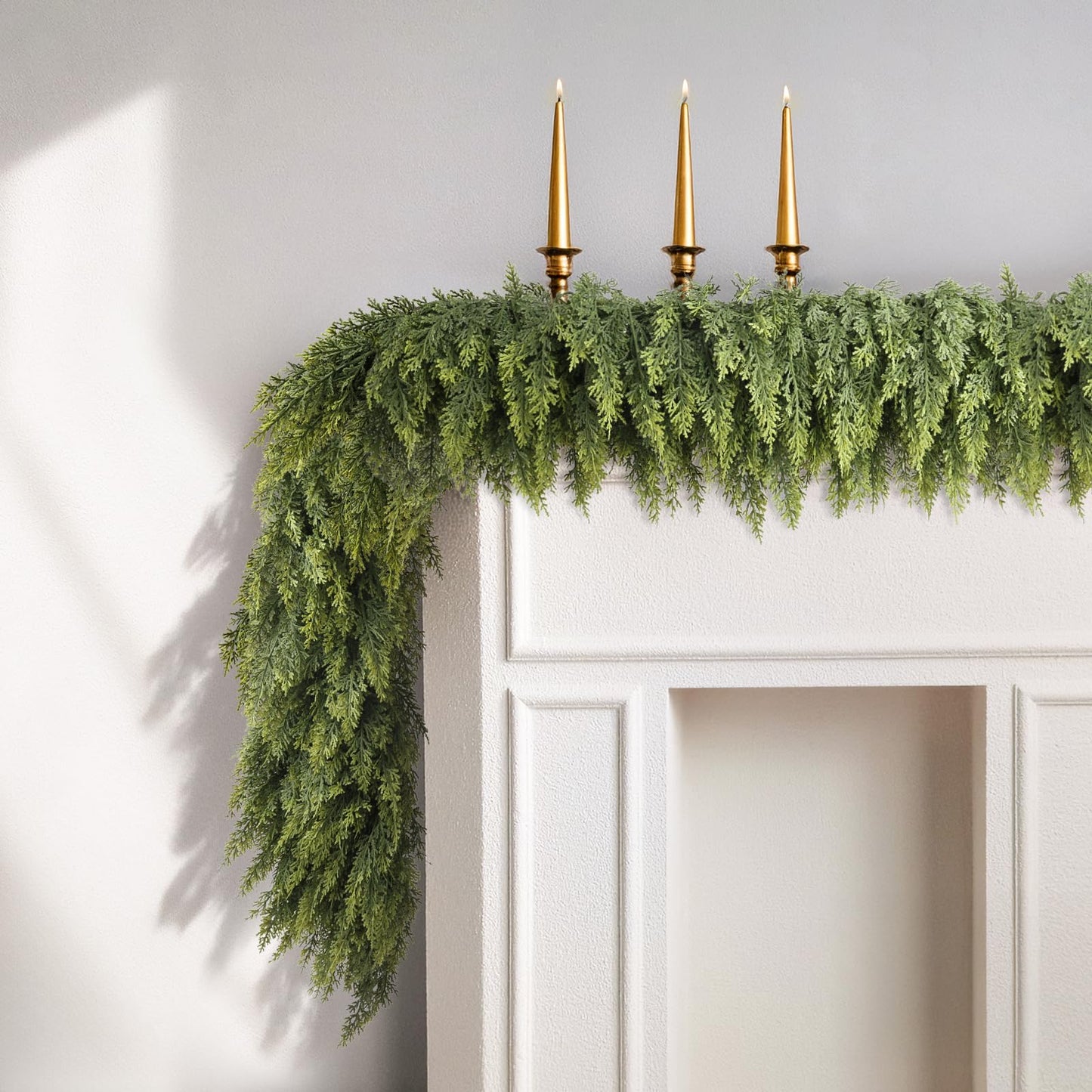 N&T NIETING 9ft Christmas Cedar Garland with Realistic Soft Thickness Pine, Artificial Green Faux Cedar Pine Garland for Fireplace Mantle Fireplace Indoor Outdoor Holiday Party Home Decoration