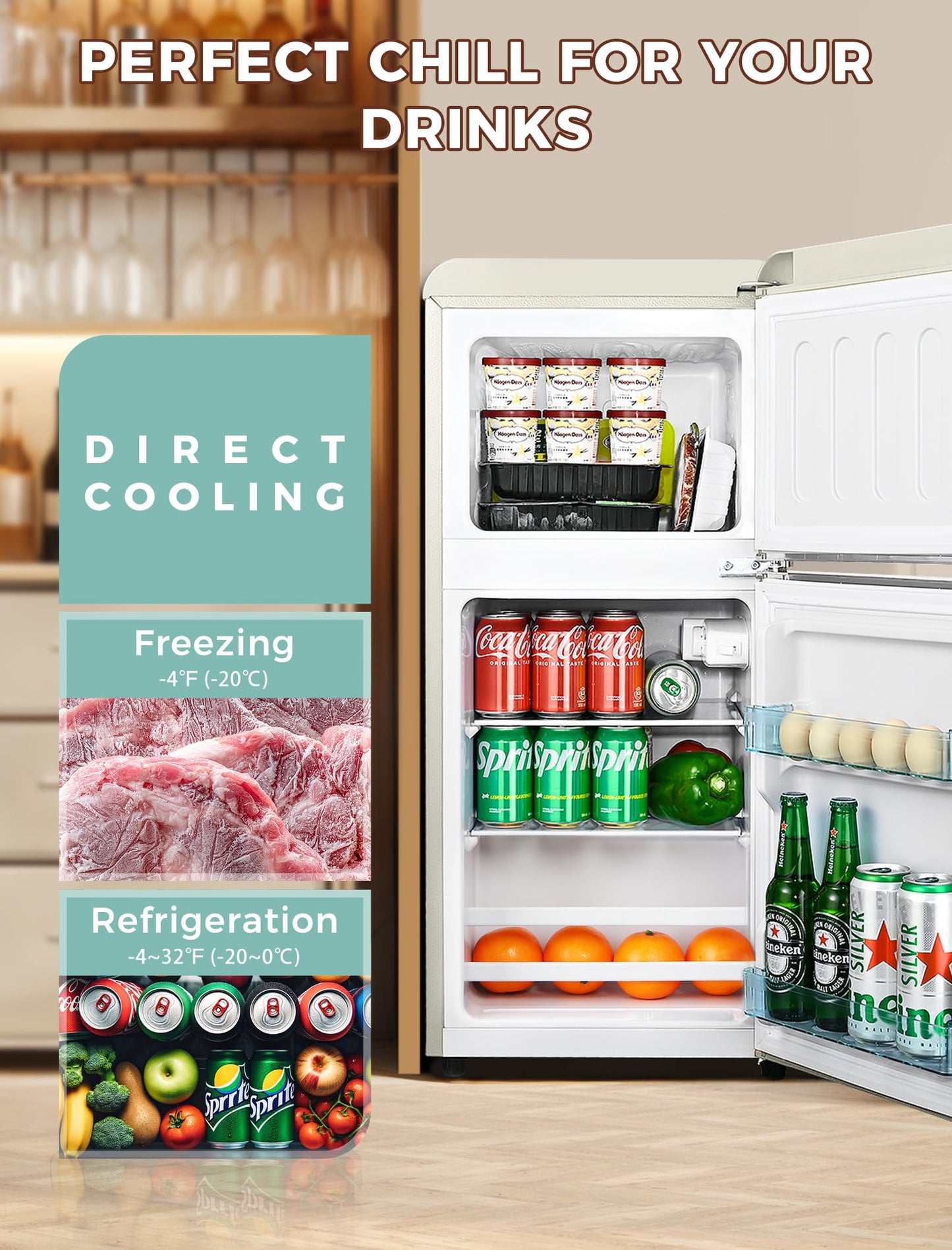 Anypro 3.2 Cu.Ft Refrigerator, Retro Double Door Fridge with Freezer, 7 Adjustable Temperature Settings, Low Noise, Removable Glass Shelves for Dorm, Office, Bedroom, Apartment, White