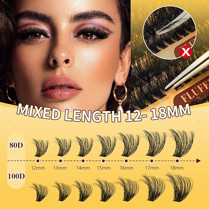 QUEWEL Lash Clusters Kit, 320Pcs 80D+100D 3D Lash Cluster Eyelash Extensions 12-18mm Volume Lash Clusters Kit with Lash Bond and Seal and Lash Tweezers Easy DIY at Home(80+100D 3D Kit)