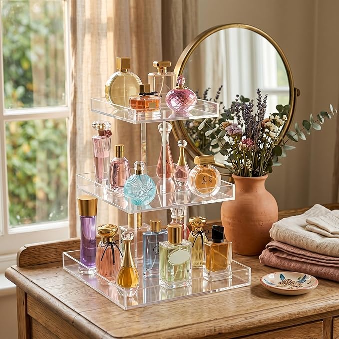 NIUBEE 3-Tier Perfume Organizer, Clear Resin, Rectangular Tray, Sturdy Design, Space Saver, Convenient Access, Easy Assembly