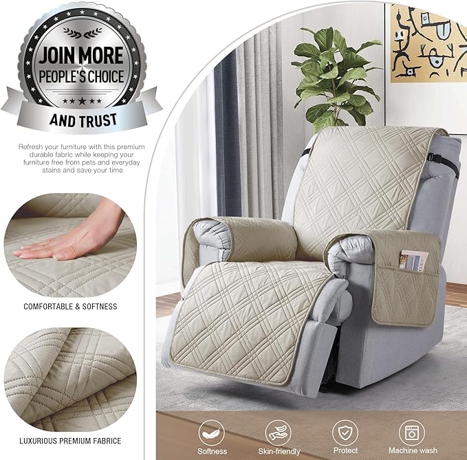 TAOCOCO 100% Waterproof Recliner Chair Cover, Non Slip Recliner Covers for Recliner Chair with Pocket, Washable Reclining Chair Cover Furniture Protector for Kids, Pets(23.6'', Cream)