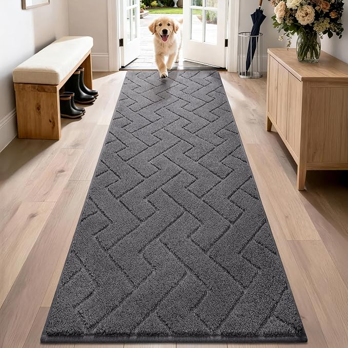 PURRUGS Dirt Trapping Door Mat 24" x 84", Non-Slip Machine Washable Entry Rug, Dog Doormat, Indoor Front Door Mat, Super Absorbent Entryway Rug for Muddy Shoes & Paws, Charcoal