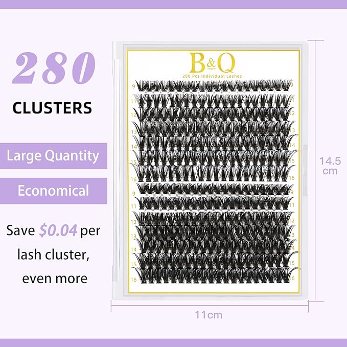 B&Q Lash Clusters 280PCS Natural Eyelash Clusters 40D 50D D 9-16 Individual Lash Wispy Eyelash Extension with Soft Thin Band Classic Look Pestañas Postizas Comfortable DIY at Home(40D+50D-D-9-16MIX)