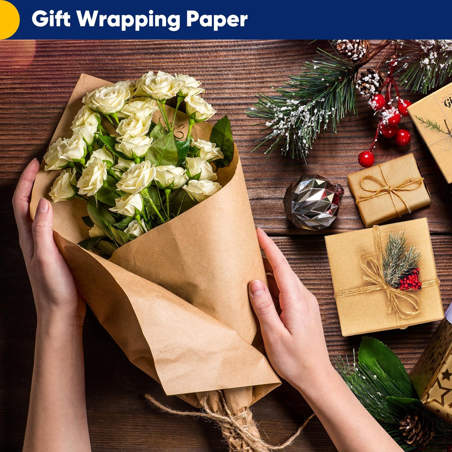 Vanhench 36"x 2520" (210') Brown Paper Roll for Bulletin Board Paper Craft Kraft Gift Wrapping Crafting Art Bouquet Flower Poster Shipping Packing Table Covering Moving Supplies, 70GSM 50LB