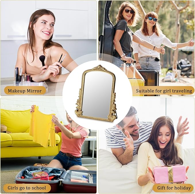 Vintage Makeup Mirror, Vanity Desk Mirror Antique Traditional Tabletop Mirror, Standing, Hang or Wall Mounted, Adjustable Dress-up Mirror, Gold Decor Mirror for Living Room,Bedroom (gold, 12*9.8 in)