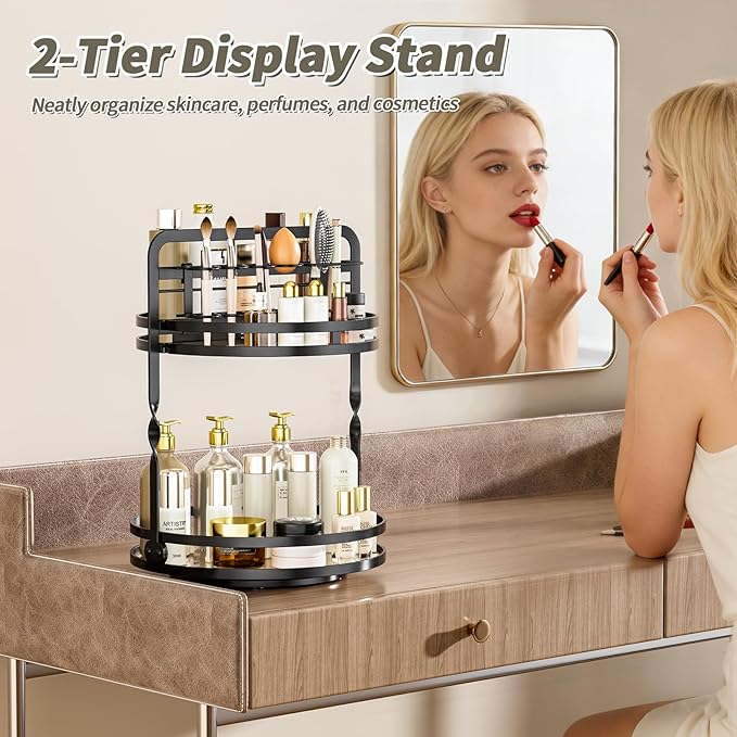 360ÃÂ° Rotating Makeup Organizer, 2-Tier Black Perfume Organizer for Dresser, Bathroom Organizers Countertop, Perfume Shelf with Makeup Brush Holder, Skincare Holder Cosmetic Display(Black)