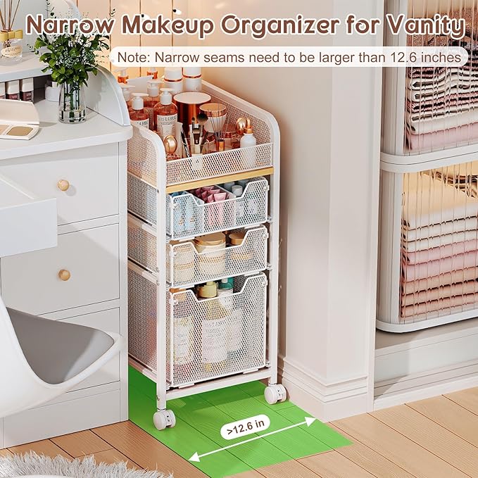 Hongtamoya Rolling Makeup Cart Organizer with 3 Drawers, Narrow Floor Skincare Organizers, Vanity Organizer Cosmetics Display Cases Holder for Skin Care Nail Polish Perfume Makeup Brush, White