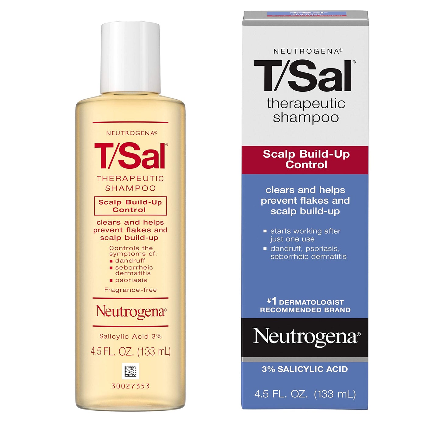 Neutrogena T/Sal Therapeutic Dandruff Shampoo,Scalp Build-Up Control,3% Salicylic Acid,Psoriasis Treatment,Seborrheic Dermatitis Shampoo,Clears Flakes,Fragrance Free,4.5 fl oz,(Pack of 4)
