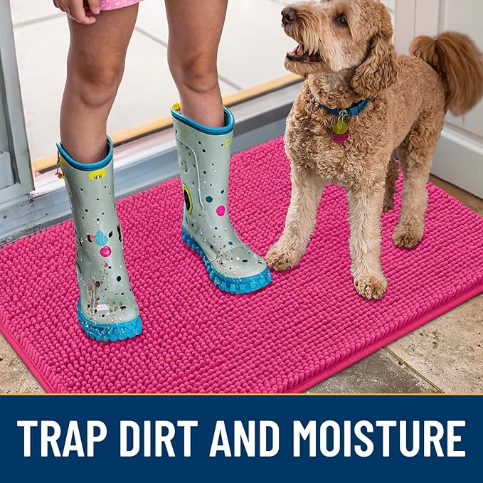 Smiry Dog Door Mat for Muddy Paws 47x24, Absorbs Moisture and Dirt Doormat, Non-Slip Washable Quick Dry Chenille Front Door Mat Indoor Entrance, Entryway Carpet for Inside Floor, Hot Pink