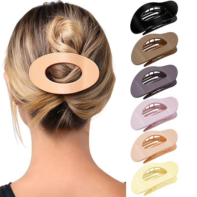 Mesovor 6 Pack Flat Hair Claw Clips, 4.33" Nonslip Large Round Lay Flat Hair Clips | Strong Hold French Flat Hairclips for Lying Down, Yoga, Driving (Neutral Polished)