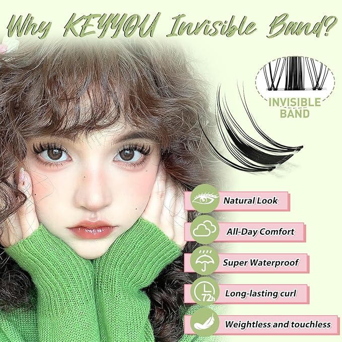 KEYYOU Fairy Lash Clusters 96Pcs D Curl 16MM Manga Lash Extension Eyelash Extension Wispy Natural Invisible Band Lash with Waterproof DIY Lash Extension at Home(Fairy-D-16MM)
