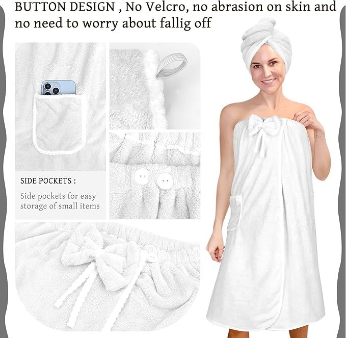 Towel Wrap Women Shower Robe Adjustable Closure Bathrobe with Hair Drying Towel & Spa Wraps