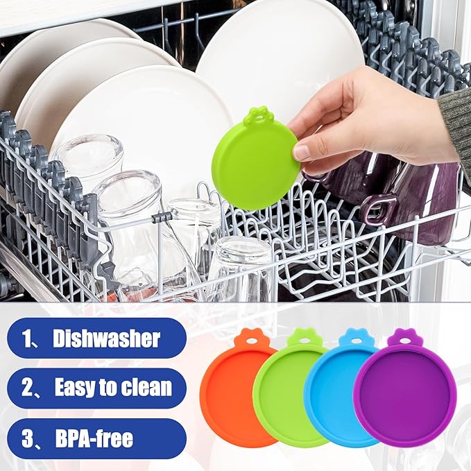 PINE & LINEN 4 Pcs 2.5inch Durable Pet Can Lids,Silicone Small Pet Can Covers Waterproof Cat Food Cans Lids for 3 oz Cat Food Cans（Sky Blue+Orange+Purple+Green）
