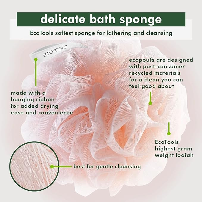 EcoTools EcoPouf 3 Pack Bath Sponge Set, Soft Recycled Netting Shower Poufs for Gentle Exfoliating & Daily Body Cleansing, Rich Lather Bath Sponges, Vegan & Cruelty-Free