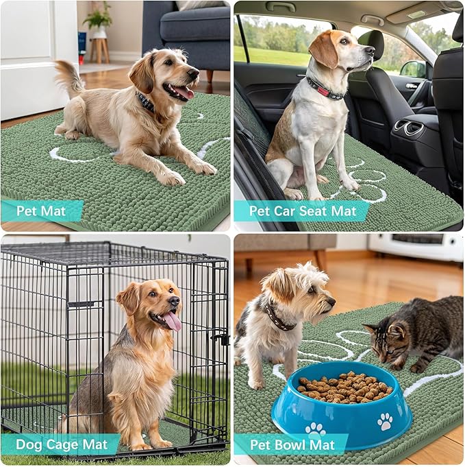 OLANLY Dog Door Mat for Muddy Paws 48x30, Paw Print Design, Absorbs Moisture and Dirt, Non-Slip Washable Doormat, Quick Dry Chenille Mud Mat, Entry Indoor Entryway Carpet, Olive Green and White