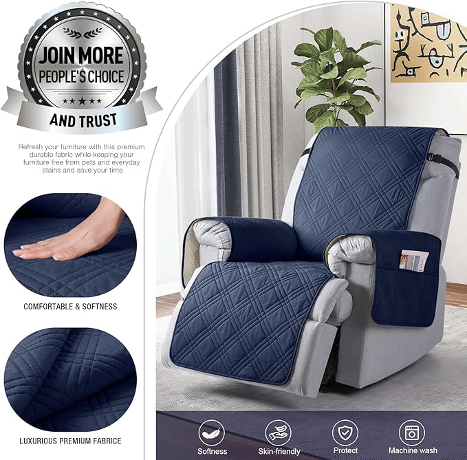 TAOCOCO 100% Waterproof Recliner Chair Covers, Non Slip Recliner Covers for Recliner Chair with Pocket, Washable Reclining Chair Cover Furniture Protector for Kids,Dogs(25'', Navy Blue)