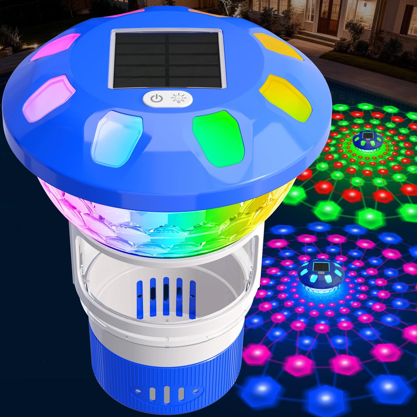 KingSom 2026 Upgraded Pool Chlorine Floater,Solar Chlorine Floater w/Lights,Button Control Chlorine Floater,Large Capacity Floating Chlorine Dispenser,Chlorine Floater w/Adjustable Release-Blue