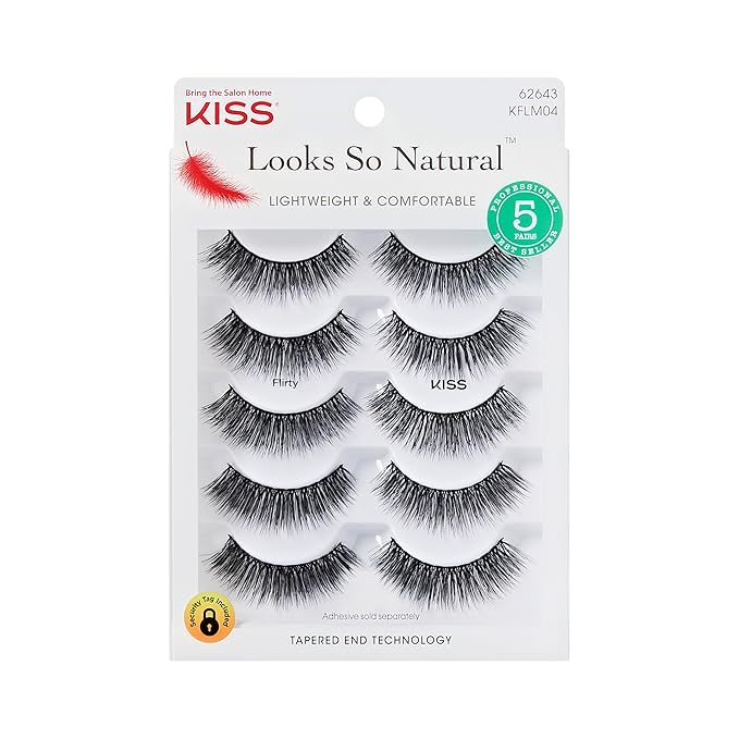 KISS Looks So Natural False Eyelashes Multipack, Lightweight & Comfortable, Tapered End Technology, Reusable, Cruelty-Free, Contact Lens Friendly, Style 'Flirty', 5 Pairs Fake Eyelashes