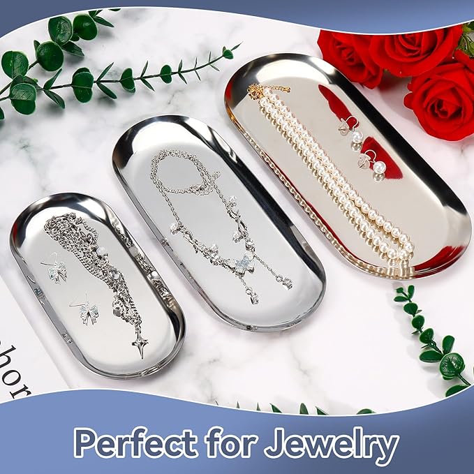 2PACK Silver Decorative Tray,Oval Stainless Steel Trays, Decorative Tray for Jewelry Dish Cosmetics Organizer Bathroom Clutter Serving Platter (Silver, 7 in)
