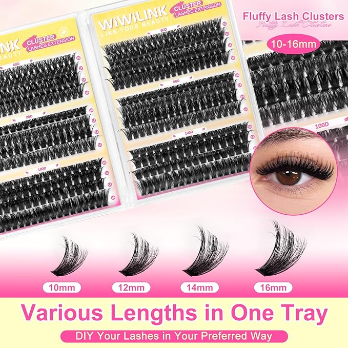 Fluffy Lash Clusters Kit 448Pcs, Wispy Volume (60D/80D/100D) D-Curl Cluster Eyelash Extensions 10-16mm + Bond & Seal Glue + Tweezers - Reusable 15+ Times, Natural to Dramatic Volume