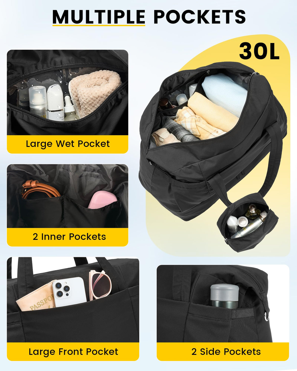 Vorspack Duffle Bag for Travel - 30L Gym Bag for Women Men Personal Item Travel Bag with Shoe Pocket Toiletry Bag Lightweight Carry On Bag for Weekender Overnight Sports - Black