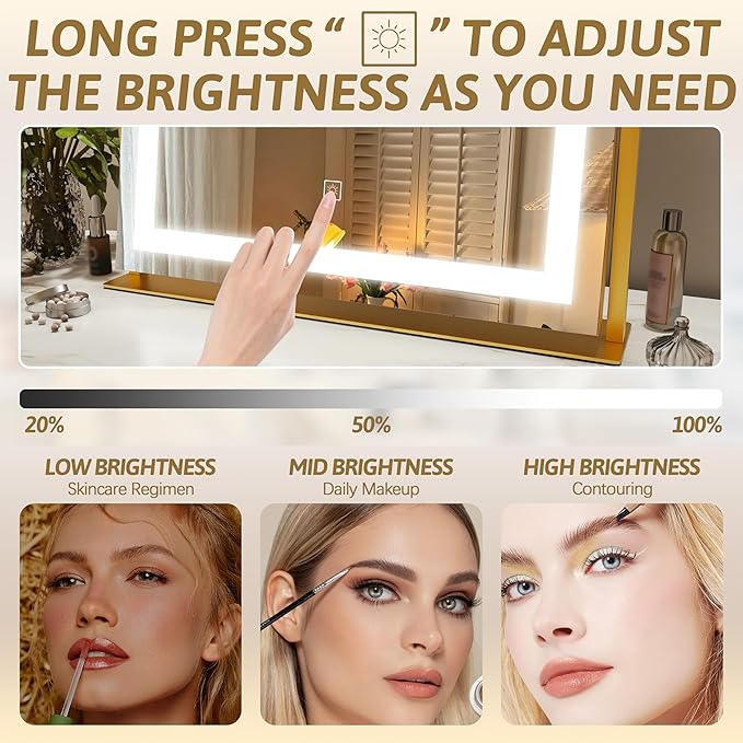 ROLOVE Vanity Mirror with Lights 22"x18", Lighted Makeup Mirror with 10X Magnification, Smart Touch 3 Colors Dimmable, 360° Rotation, Women Gift, Dresser Mount, Bathroom (Gold)