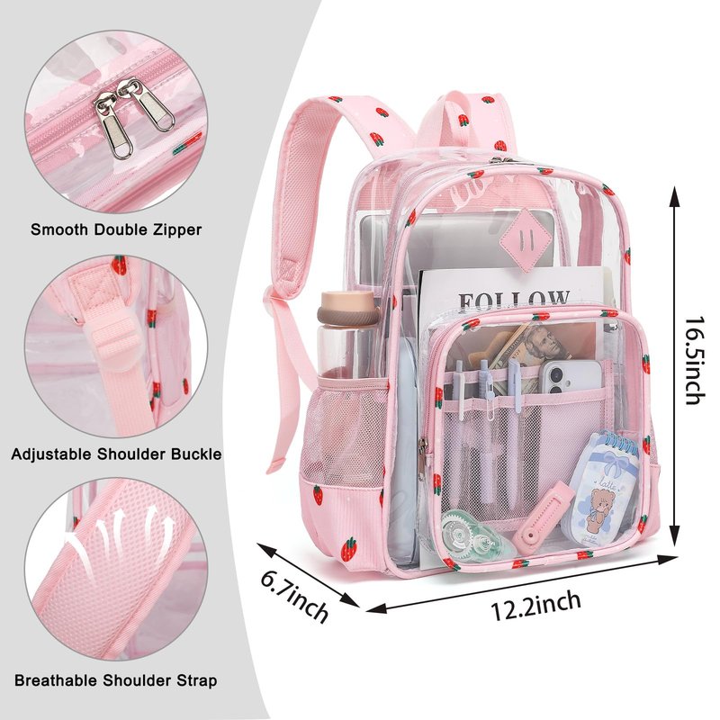Xunteny Clear Backpack for Girls Women School Bookbag Heavy Duty Transparent Backpacks (Pink Corduroy Strawberry)