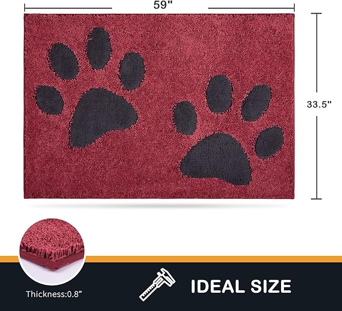 PURRUGS Dirt Trapping Door Mat 33.5" x 59", Non-Skid/Slip Machine Washable Microfiber Entryway Rug, Dog Doormat, Super Absorbent Welcome Mat for Muddy Wet Shoes and Paws, Burgundy Red