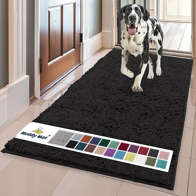 Muddy Mat® | Super Absorbent Door Mat Indoor, Microfiber Quick Dry Chenille Entryway Rug, Non-Slip Front Door Mat, Indoor Mats for Entryway, Machine Washable Pet Rug, Black 36"x120"