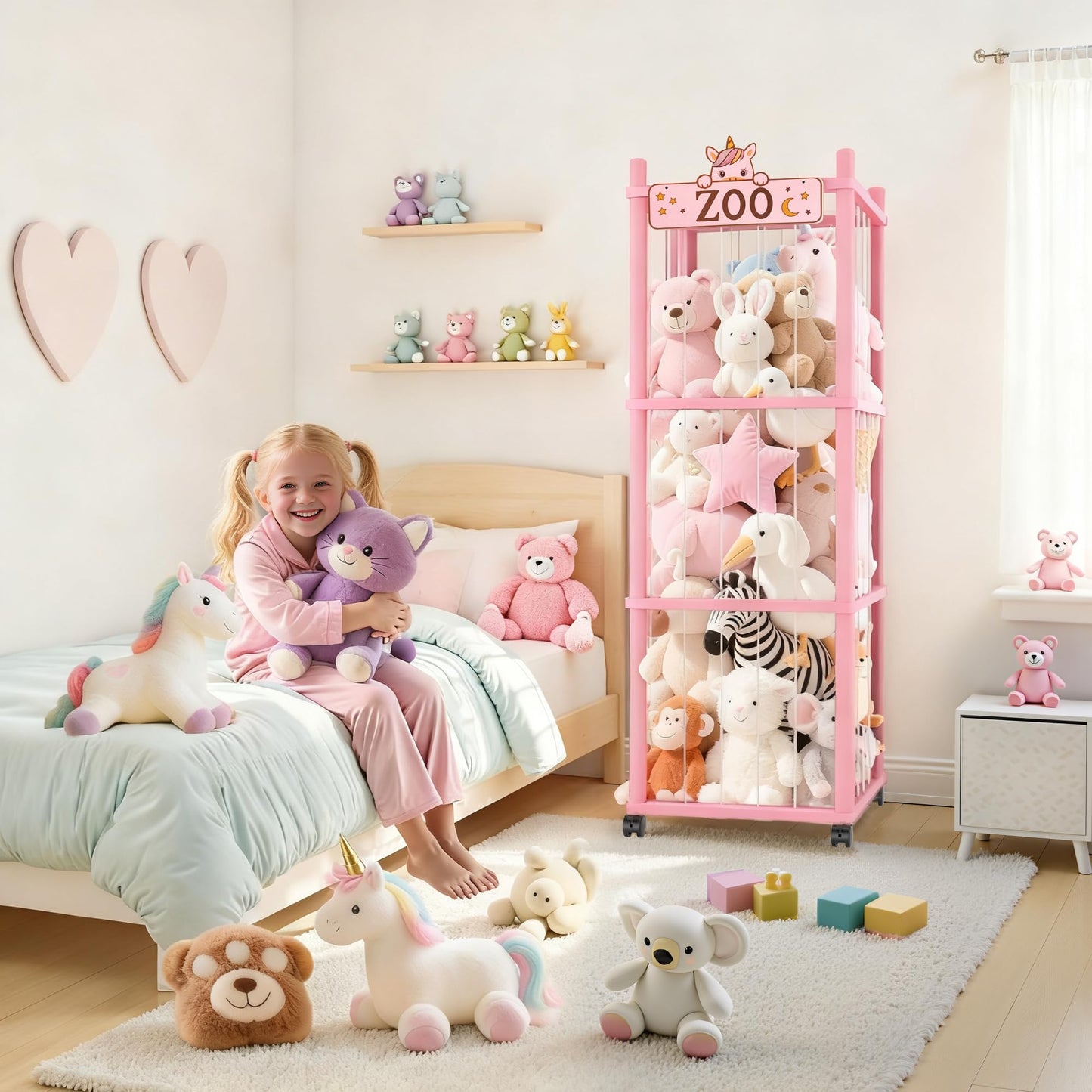 Vecxoty Stuffed Animal Storage Zoo Tower,56In Wooden Large Stuffed Animal Holder Organizer with Wheels,Stuffy Plushies Storage with Elastic Band&Mesh Bottom,Toy Organizers for Playroom Nursery（Pink）