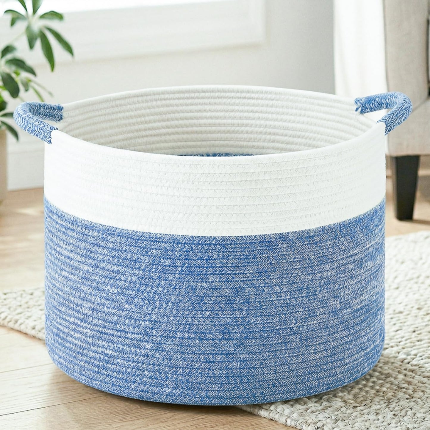 Artfeel 100L Large Cotton Rope Basket, Decorative Woven Blanket Storage for Living Room, Boho Toy Storage & Toy Box for Kids, Versatile Laundry Basket & Nursery Hamper for Blankets(DenimBlue)
