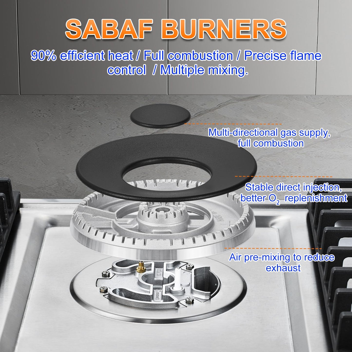AMZCHEF 36 inch Gas Cooktop with 5 Made in Italy SABAF Power Burners.Max 48300 BTU/hr Built-in Gas Stove top of 304 Stainless steel,NG/LPG Convertible,ETL.