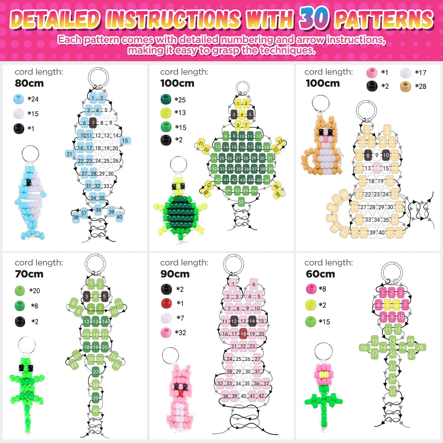 Funtopia Beads for Crafts, Pony Beads Keychain Making Kit, Bead Pets Art Crafts for Kids Beginners, Birthday Party DIY Craft for Girls Boys (1500 Bead, 30 Designs)