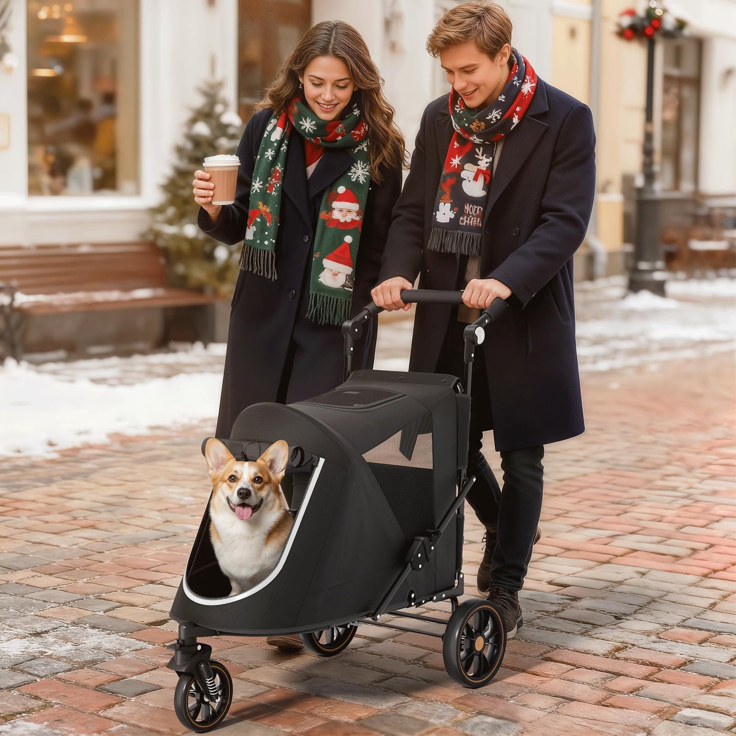 Magshion Pet Stroller for Medium Dogs w/Adjustable Handle, 3-Wheel Dog Cat Wagon w/Dual Entry, Rear Storage, Breathable Mesh, One-Foot Brake, Ideal for Large Pets up to 55 lbs, Black