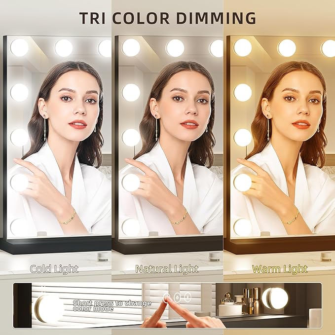 Vanity Mirror with Lights Lighted Makeup Mirror with Dimmable LED Bulbs,3 Color Lighting Modes,USB Charging Port Touch Control,Sturdy Metal Frame Design,Black (50x40cm, 4.70)