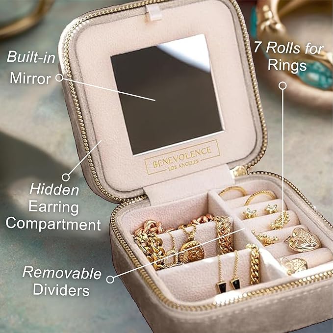 Benevolence LA Plush Velvet Jewelry Box | Travel Jewelry Case Organizer with Mirror | Featured in Oprah's Favorite Things | Best Gifts For Daughter, Girlfriend, Mom | Gifts For Her - Sage
