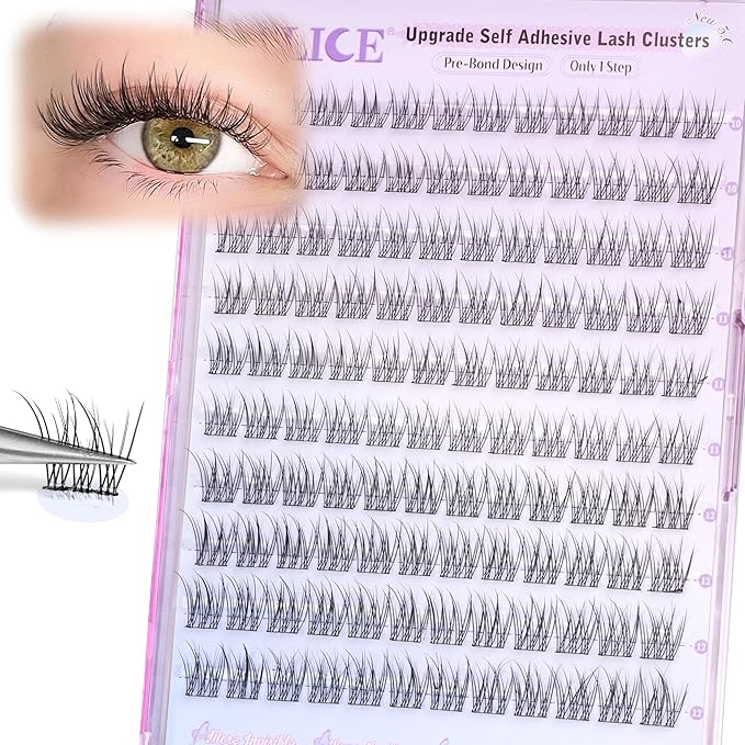 ALICE Self Adhesive Eyelashes Natural Self Adhesive Lash Clusters No Glue Needed Wispy Reusable Press on Lashes Pre-Glue 10-12mm 120pcs DIY Eyelash Extensions