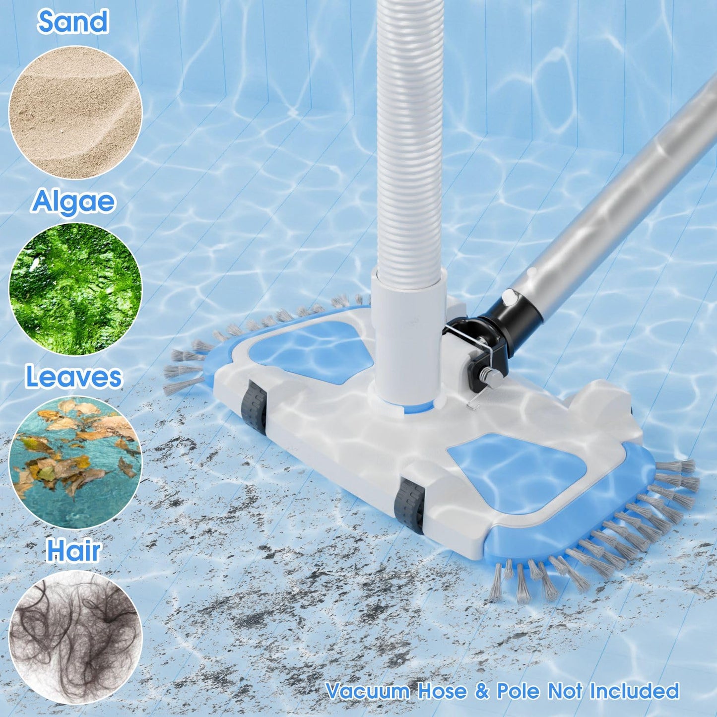 Enhanced Pool Vacuum Head with Direction-Control Swivel Handle, Stable-Maintain Spring, Vinyl Pool Vac with Wheels, Side Brush and Bottom Brush for Inground & Above Ground Pools