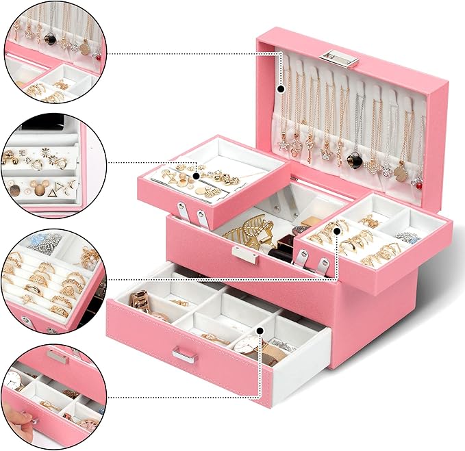 Dajasan Jewelry Organizer Box, Large Jewelry Boxes for Women Girls, Compact 3 Layers Jewelry Storage Case with Drawer, Gift Idea, Movable Metal Stand, Modern (Pink)