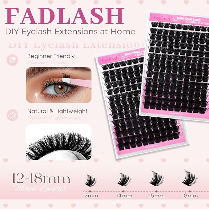 FADLASH Fluffy Lash Clusters 200D Eyelash Clusters 12-18mm Individual Clusters Eyelash Extensions Volume Lash Extensions DIY at Home (200D, 12-18mm)