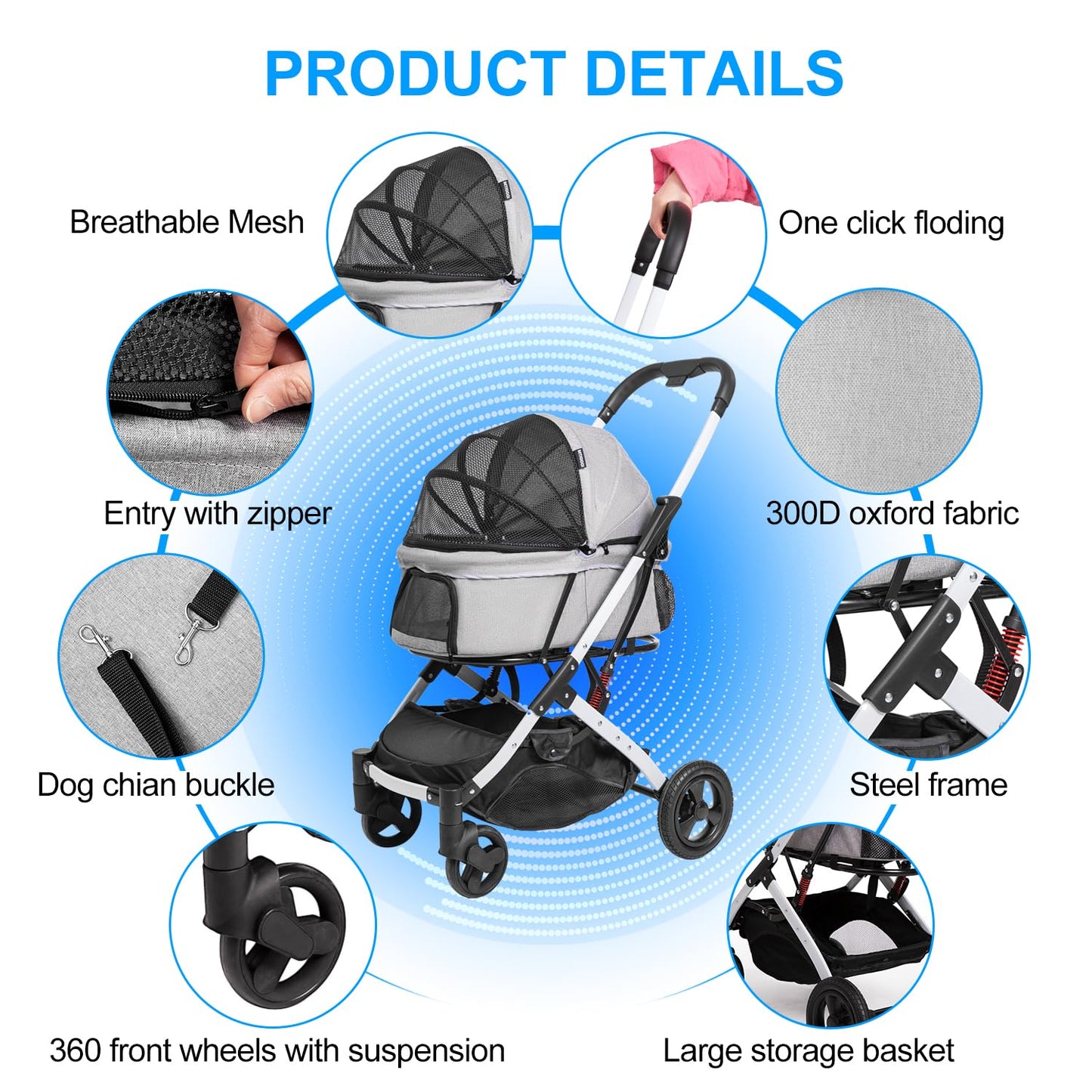 BETSOCCI Pet Stroller for Medium Small Dog & Cat, Foldable Lightweight Dog Stroller with Storage Basket Pet Travel Carriage with Safety Leashes, 4 Wheel, Gray