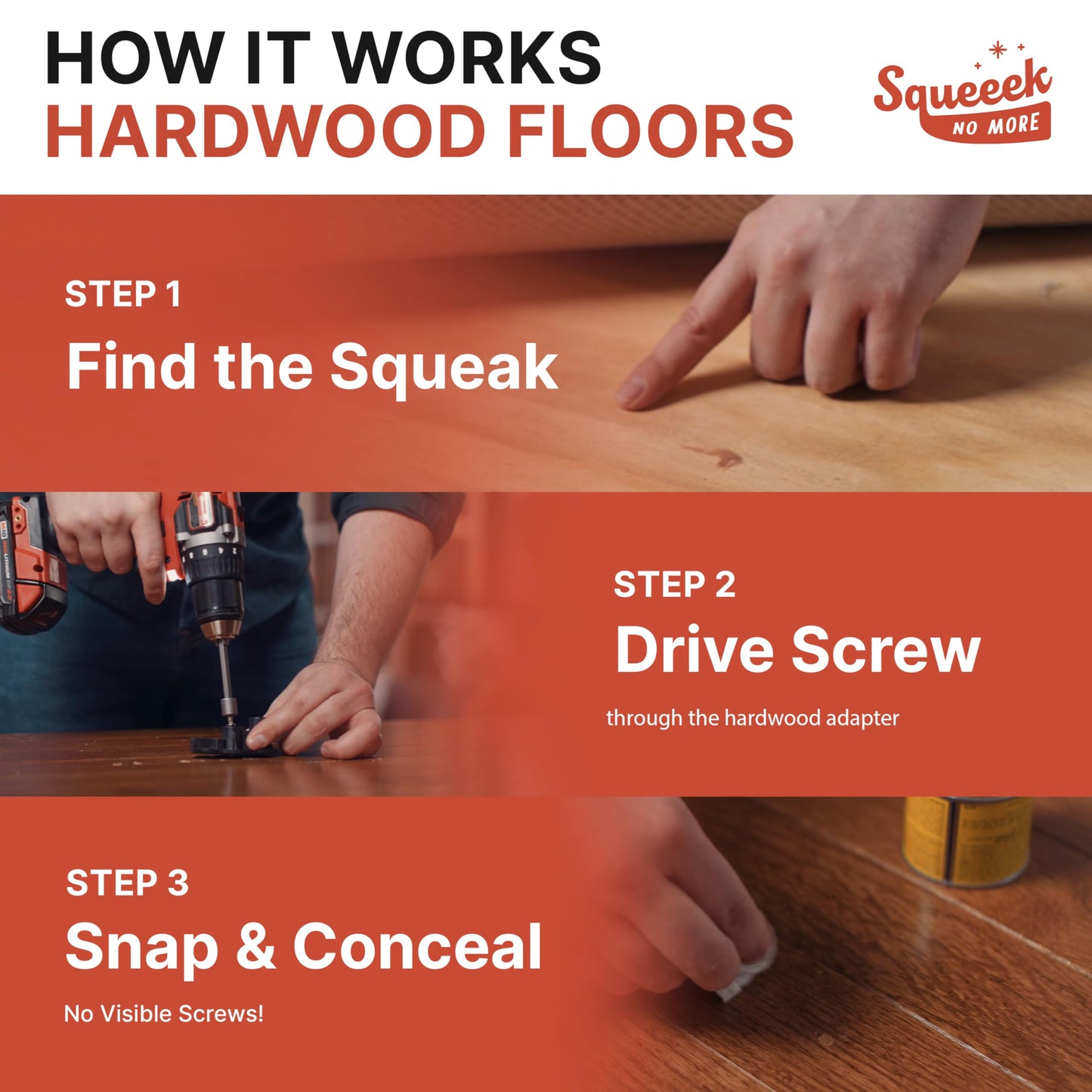 SQUEEEK NO MORE Squeaky Floor Repair Kit for Hardwood, Carpet, Vinyl & Linoleum – Complete Floor Squeak Repair Kit Includes Joist Finder Drill Bits, Tripod Fixture and 50 Counter-snap Screws