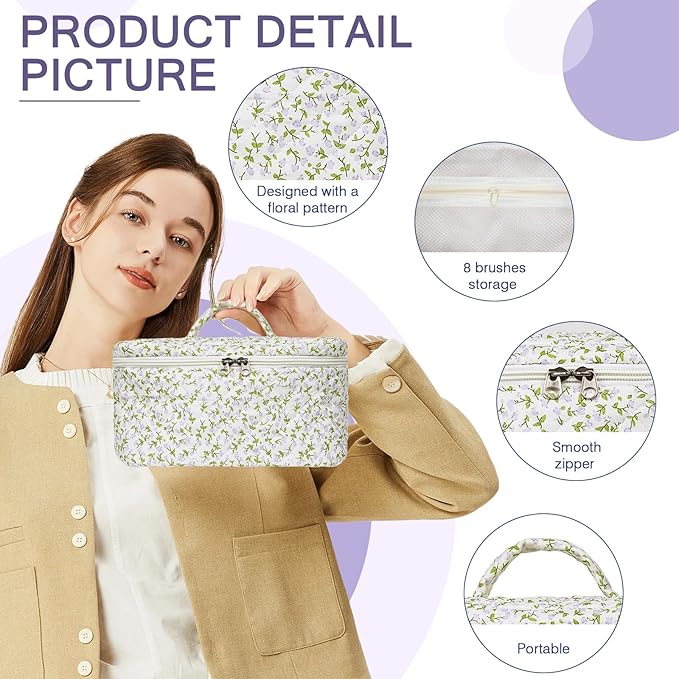 Gosect 1pc Large Makeup Bag, Cute Cosmetic Bag for Women Girls, Floral Coquette Aesthetic Toiletry Bag, Travel Make Up Organizer Bag (Purple Floral Print