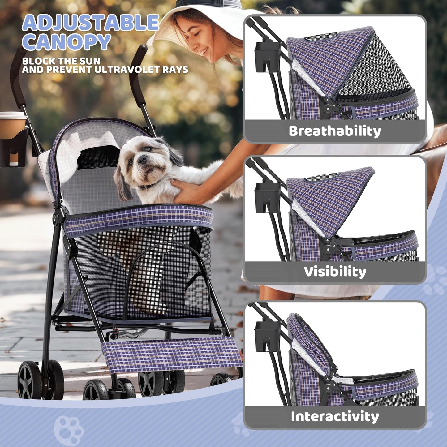 Magshion Compact Pet Stroller for Small-Medium Dogs/Cats up to 22lbs, 4-Wheel Lightweight Umbrella Shaped Portable Puppy Travel Jogger with Breathable Mesh, Cup Holder & Rear Storage, Plaid